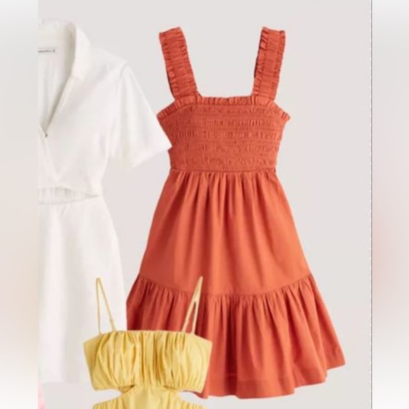 Abercrombie and Fitch Smocked Shirred Ruffle Tiered Mini Dress XS Rust Orange - Picture 4 of 9